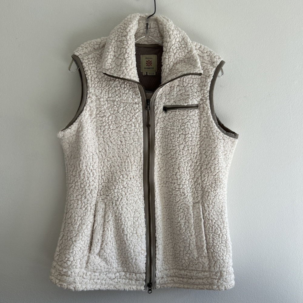 Royal Robbins Women Jacket Large Cream Sherpa Faux Fur Vest Full Zip Cowl Neck
